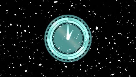Animation-of-white-confetti-falling-over-clock-black-background