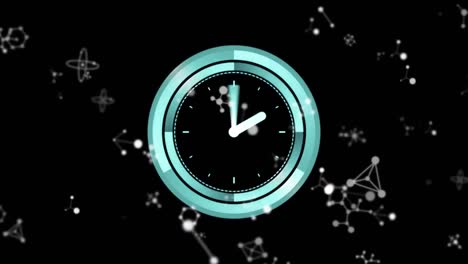 Animation-of-moving-white-connections-and-clock-over-black-background