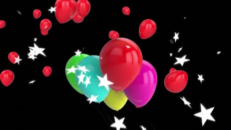 Animation-Von-Fliegenden-Bunten-Luftballons-Und-Fallenden-Sternen-Auf-Schwarzem-Hintergrund