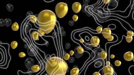 Animation-Von-Sich-Bewegenden-Weißen-Linien-Und-Fliegenden-Ballons-Auf-Schwarzem-Hintergrund