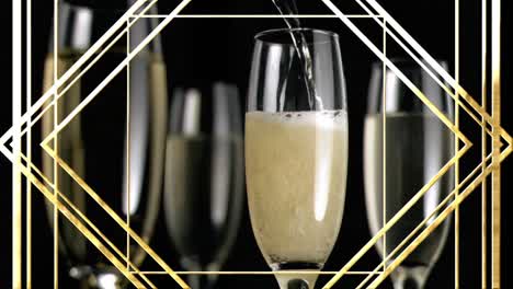 Animation-Eines-Goldmusters-über-Champagnergläsern-Auf-Schwarzem-Hintergrund