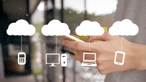 Animation-of-cloud-and-digital-icons-over-woman-using-smartphone