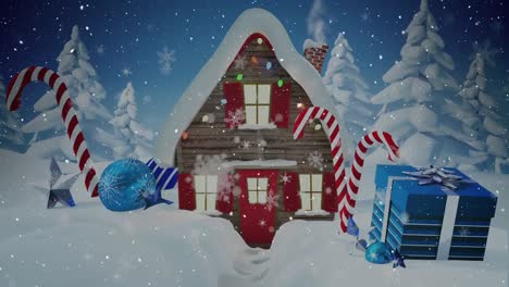 Animation-Von-Haus-Und-Weihnachtsdekoration-über-Einer-Winterlandschaft-Mit-Fallendem-Schnee
