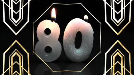 Animation-of-gold-line-patterns-moving-over-numbers-80-lit-birthday-candles,-on-black-background