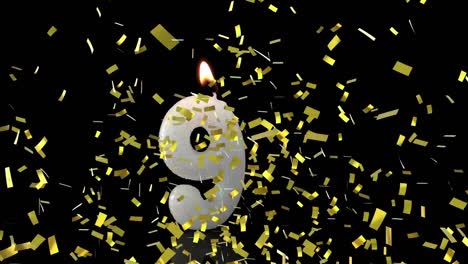 Animation-of-gold-confetti-falling-over-number-9-birthday-candle-being-lit,-on-black-background