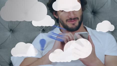 Animation-Von-Wolken-Und-Digitalen-Symbolen-über-Einem-Mann,-Der-Sein-Smartphone-Nutzt