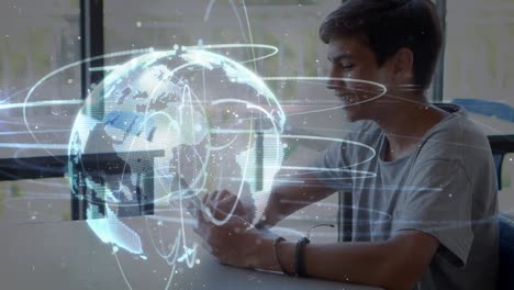 Animation-of-globe-with-icons-and-data-processing-over-caucasian-male-student-at-school
