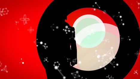 Animation-Von-Molekülen-über-Einer-Frau,-Die-Auf-Pulsierenden-Kreisen-Tanzt