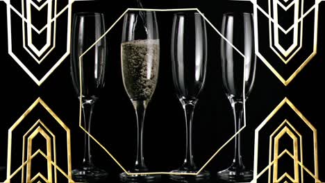 Animation-of-gold-pattern-over-glasses-of-champagne-on-black-background