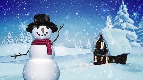 Animation-of-snowman-over-winter-scenery-with-snow-falling