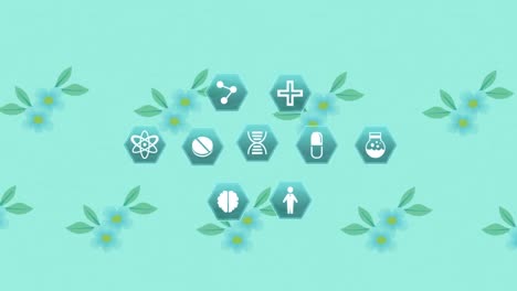 Animation-of-medical-icons-over-floral-pattern-on-green-background