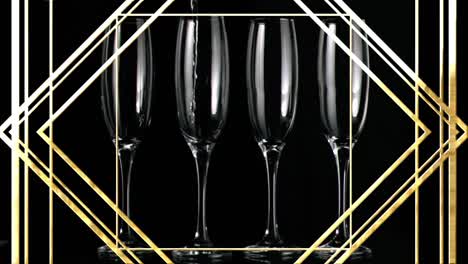 Animation-of-gold-pattern-over-glasses-of-champagne-on-black-background