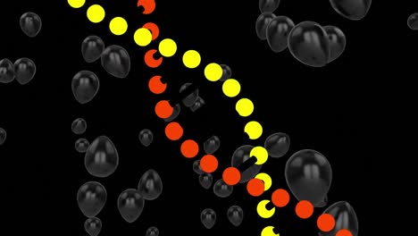 Animation-of-flying-black-balloons-and-spinning-dna-strand-over-black-background