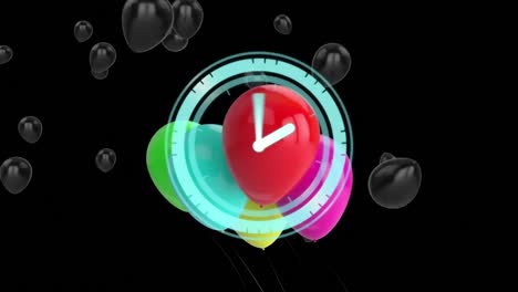 Animation-of-balloons-flying-and-clock-over-black-background