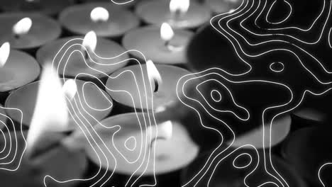 Monochrome-Animation-Von-Konturlinien,-Die-Sich-über-Brennende-Teelichtkerzen-Bewegen