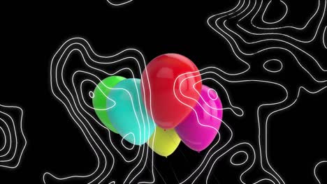 Animation-Von-Sich-Bewegenden-Weißen-Linien-Und-Fliegenden-Ballons-Auf-Schwarzem-Hintergrund