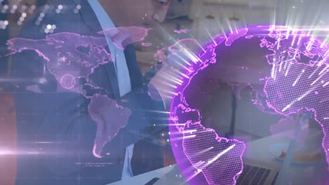 Animation-of-globe-with-network-of-connections-over-businessman-using-laptop