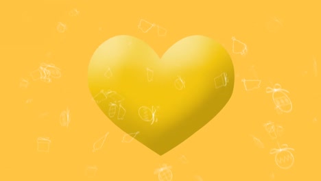 Animation-Von-Weißen-Weihnachtssymbolen,-Die-über-Gelbe-Herz-Emojis-Auf-Gelbem-Hintergrund-Fallen