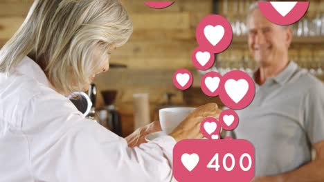 Animation-of-social-media-heart-icons-and-numbers-over-woman-drinking-coffee