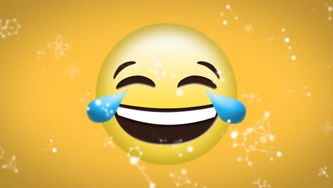 Animation-Von-Weißen-Netzwerken-über-Vor-Freude-Weinendes-Emoji-Auf-Gelbem-Hintergrund