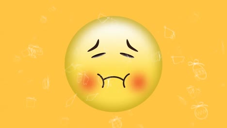 Animation-of-white-christmas-icons-falling-over-sad,-embarrassed-emoji-on-yellow-background