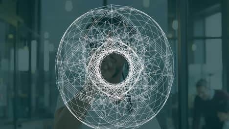 Animation-of-circular-geometry,-over-man-wearing-vr-headset-using-virtual-interface