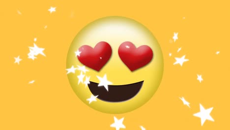 Animation-Von-Weißen-Sternen,-Die-über-Herzaugen-Fallen,-Liebes-Emoji-Auf-Gelbem-Hintergrund