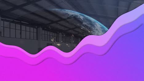 Animation-of-purple-wave-with-globe-over-warehouse