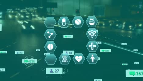 Animation-of-social-media-and-medical-icons-over-cityscape