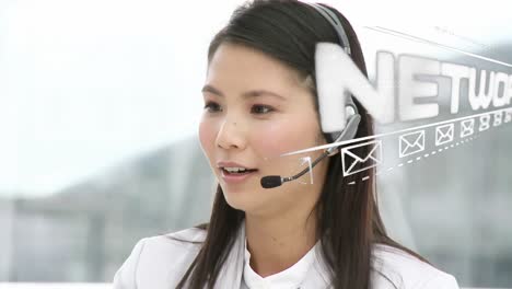 Animation-of-over-networking-text-businesswoman-using-phone-headsets