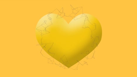 Animation-of-rotating-network-over-yellow-heart-emoji-on-yellow-background