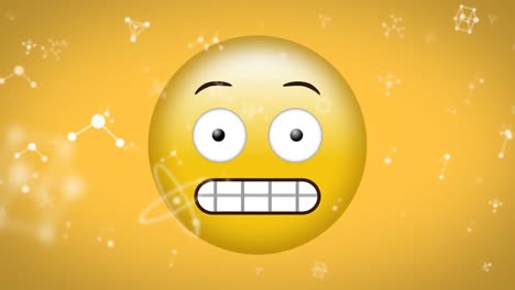 Animation-of-white-networks-falling-over-grimacing-emoji-on-yellow-background