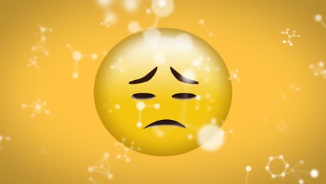 Animation-Weißer-Netzwerke-über-Enttäuschtem,-Traurigem-Emoji-Auf-Gelbem-Hintergrund