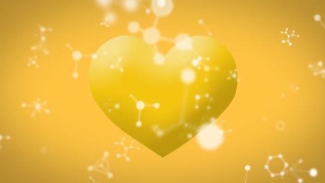 Animation-of-white-networks-moving-over-yellow-heart-emoji-on-yellow-background