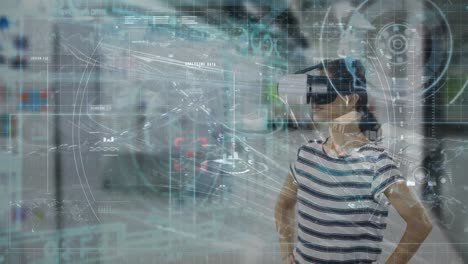 Animation-of-data-processing-over-woman-wearing-vr-headset