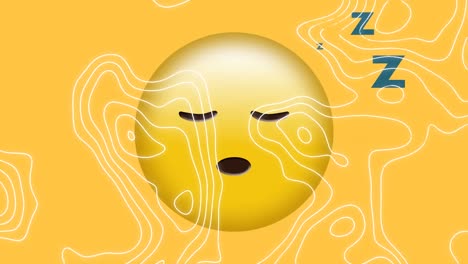 Animation-of-white-contour-lines-moving-over-sleeping-emoji-on-yellow-background