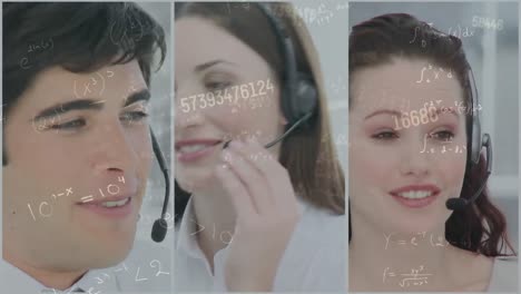 Animation-of-network-of-connections-and-numbers-over-photos-of-business-people-using-phone-headsets