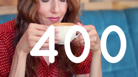 Animation-of-numbers-changing-over-woman-drinking-coffee