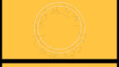 Animation-of-slipping-frame-with-white-circle-and-rotating-network-on-yellow-background
