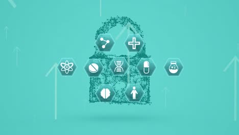 Animation-of-online-security-padlock-and-medical-icons-over-cityscape