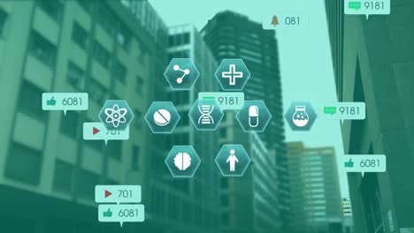 Animation-of-social-media-and-medical-icons-over-cityscape