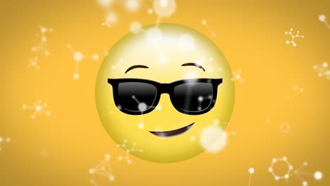 Animation-Von-Weißen-Netzwerken,-Die-über-Fröhliche-Sonnenbrillen-Emojis-Auf-Gelbem-Hintergrund-Fallen
