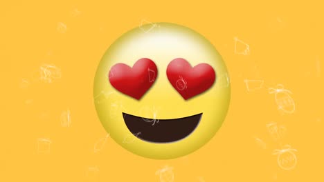 Animation-of-white-christmas-icons-falling-over-heart-eyes-love-emoji-on-yellow-background