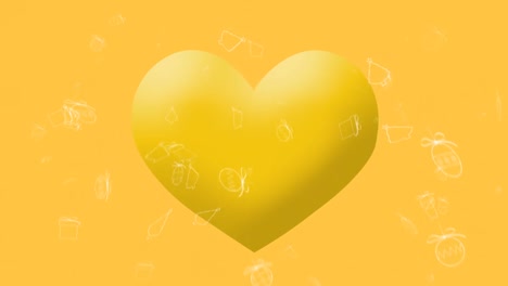 Animation-Von-Weißen-Weihnachtssymbolen,-Die-über-Gelbe-Herz-Emojis-Auf-Gelbem-Hintergrund-Fallen