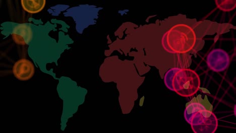 Animation-Eines-Netzwerks-Verbundener-Mediensymbole,-Die-Sich-über-Die-Weltkarte-Bewegen