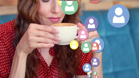 Animation-of-social-media-icons-and-numbers-over-woman-drinking-coffee