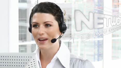 Animation-of-over-networking-text-businesswoman-using-phone-headsets