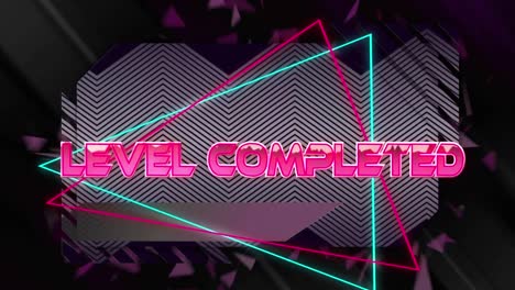 Animation-of-text,-level-completed,-in-shiny-pink,-with-triangles-over-zigzag-lines-on-black
