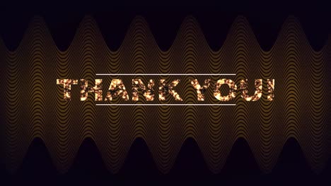 Animation-of-text,-thank-you,-in-glittering-gold,-over-brown-zigzag-lines-on-black-background