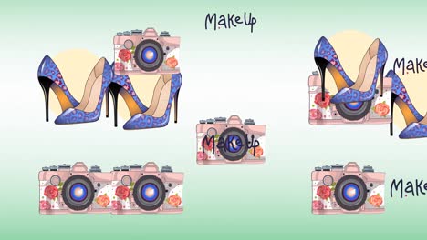 Animation-of-make-up-text-high-heels-and-camera-repeated-on-green-background